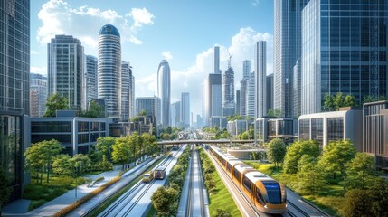 Modern urban landscape with high-rise buildings, green spaces, and integrated public transport systems