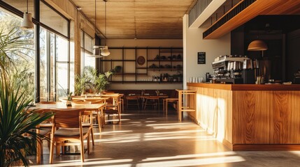 Fototapeta premium Modern urban cafe with minimalist decor, wooden furnishings, and a cozy ambiance, perfect for social gatherings
