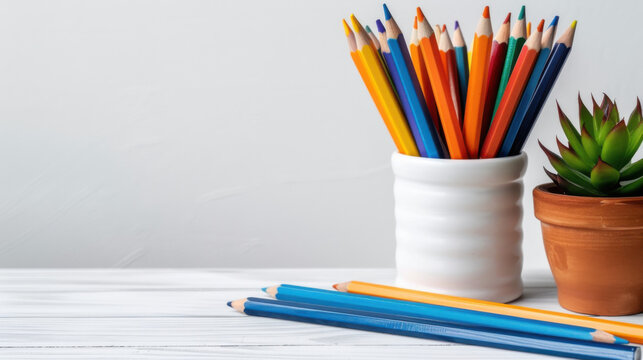 Bright colored pencils in a white cup next to a small potted succulent on a white wooden table with a gray background.