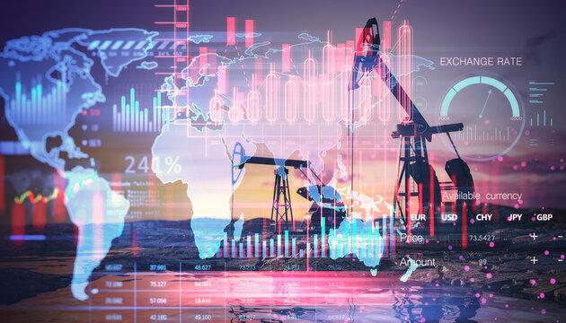Double exposure of oil rig and digital financial charts interface on world map background.