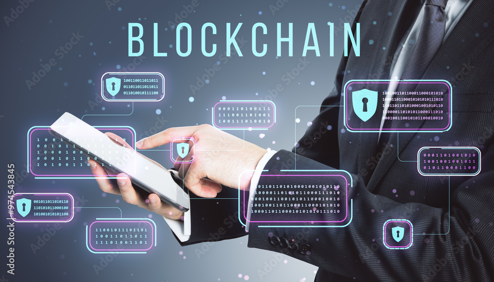 Poster businessman using tablet with holographic blockchain icons on blue background.
