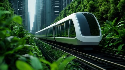Naklejka premium Futuristic train traveling through urban greenery with modern skyscrapers, showcasing innovation and sustainable transport solutions.