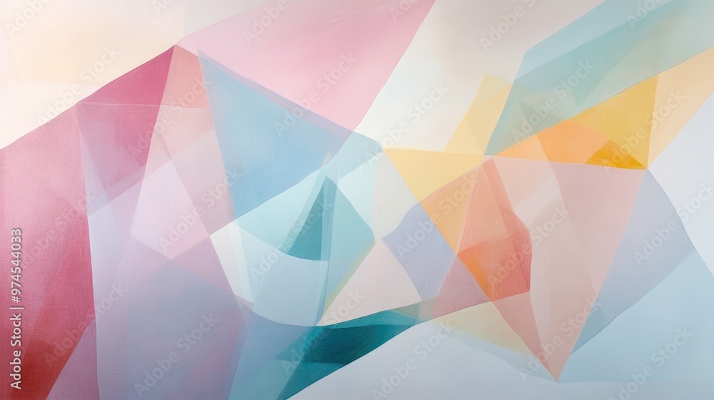 Poster overlapping translucent geometric shapes in soft pastel colors, creating a sense of lightness and tr