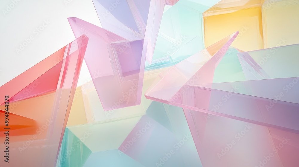 Poster overlapping translucent geometric shapes in soft pastel colors, creating a sense of lightness and tr