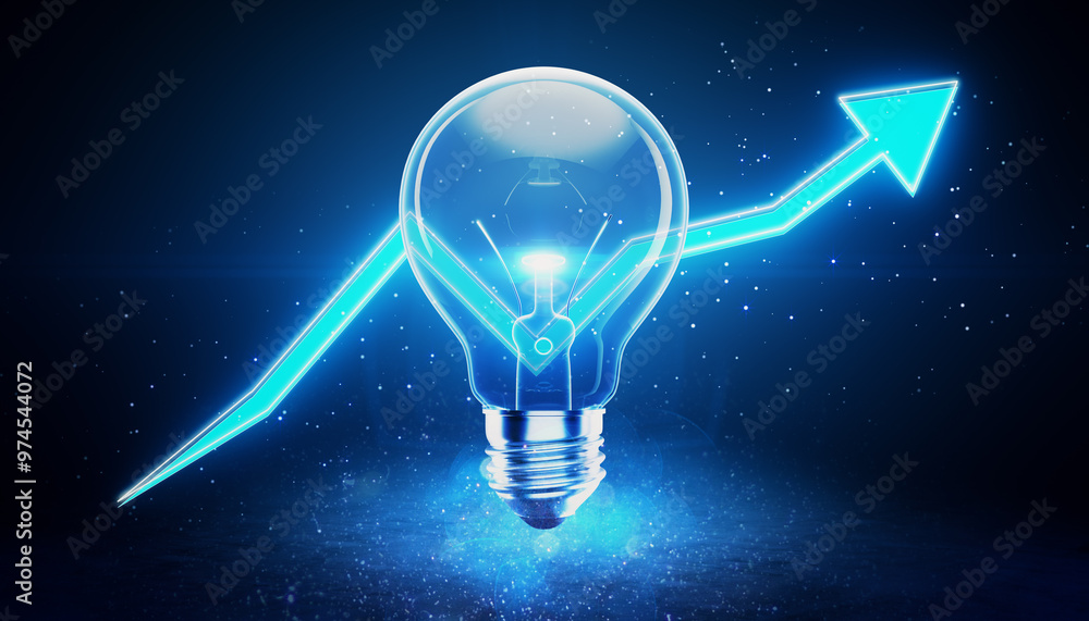 Leinwandbilder lightbulb with upward arrow on blue background symbolizing growth and success. 3d rendering