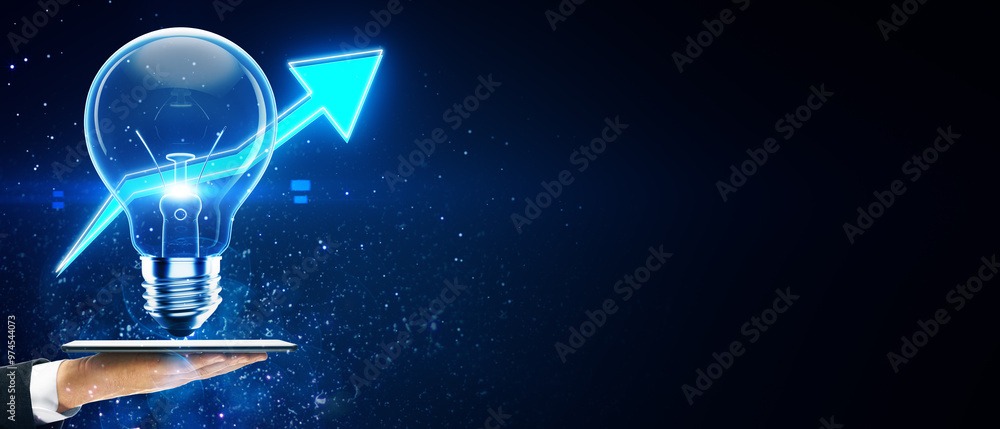 Poster bright lightbulb with upward arrow and tablet on dark blue background symbolizing growth and ideas.