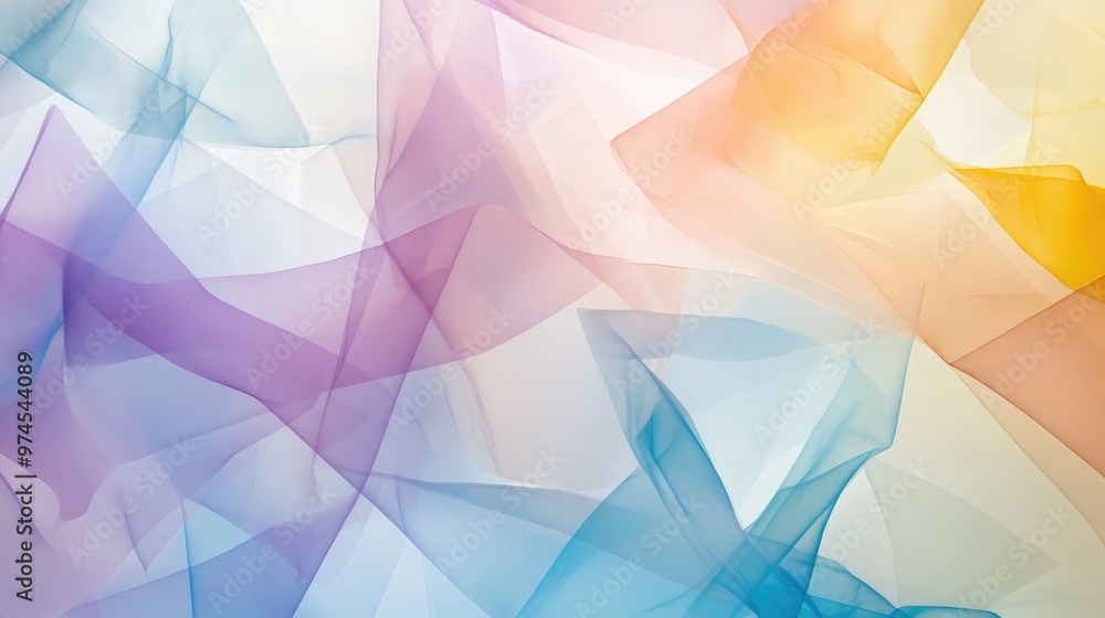 Poster overlapping translucent geometric shapes in soft pastel colors, creating a sense of lightness and tr