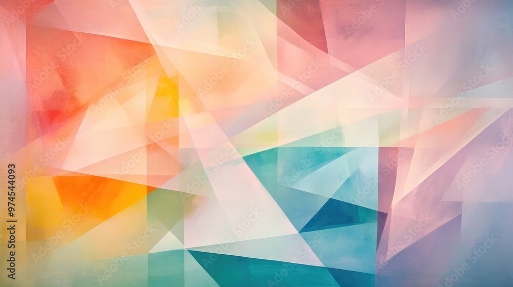 Poster overlapping translucent geometric shapes in soft pastel colors, creating a sense of lightness and tr