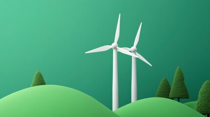 Fototapeta premium A serene landscape featuring wind turbines on rolling green hills, symbolizing renewable energy and sustainability in nature.