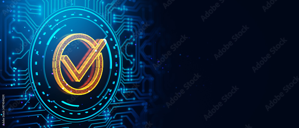 Aufkleber Neon checkmark symbol with digital circuit background. 3D Rendering