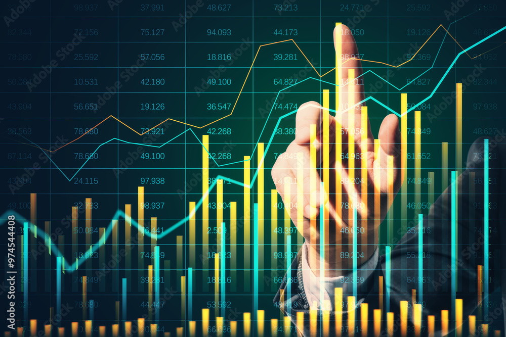 Poster Businessman analyzing financial data on a digital screen with graphs and charts.