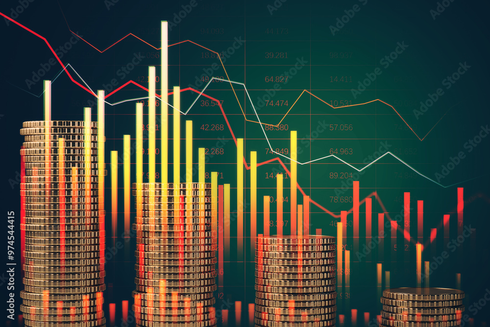 Aufkleber Stacked coins and financial graphs on a digital screen. 3D Rendering