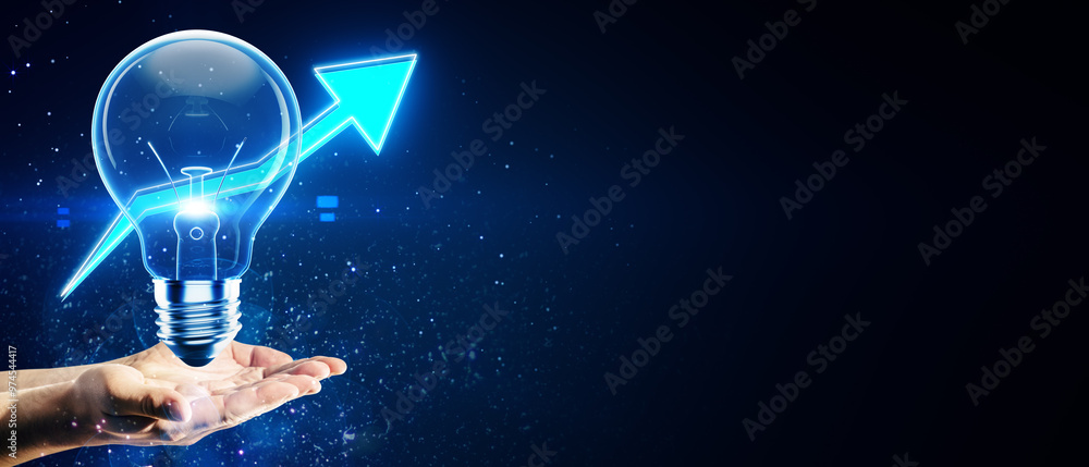 Poster lightbulb with upward arrow held in hands on dark background suggesting growth and innovation concep