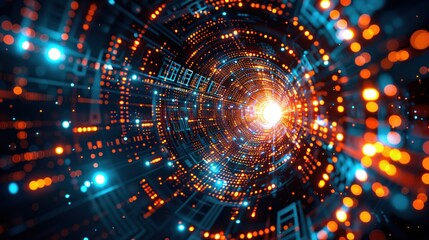 Obraz premium A captivating view of an abstract digital tunnel illuminated by vibrant blue and orange lights
