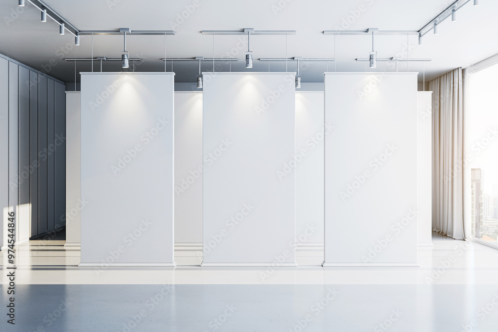 Poster Empty modern gallery with white partitions and spotlights. 3D Rendering