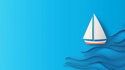 Minimalist white sailboat against a vibrant blue background with layered waves.