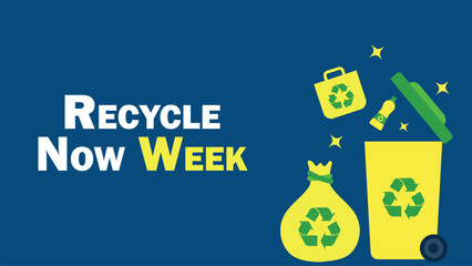 Recycle Now Week vector banner design with geometric shapes and vibrant colors on a horizontal background.