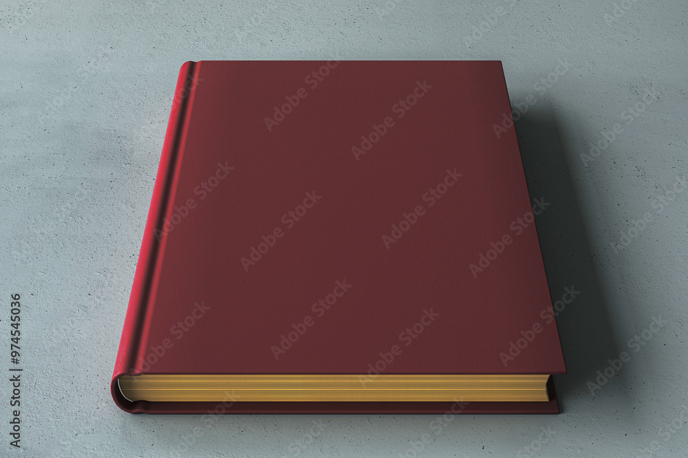 Poster hardcover book mockup with red cover on grey surface. 3d rendering