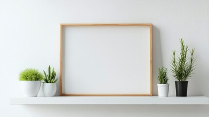 Simple wooden frame placed on a white shelf with small potted plants, modern and minimalistic home decor