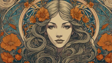 Art Nouveau Woman with Flowers.