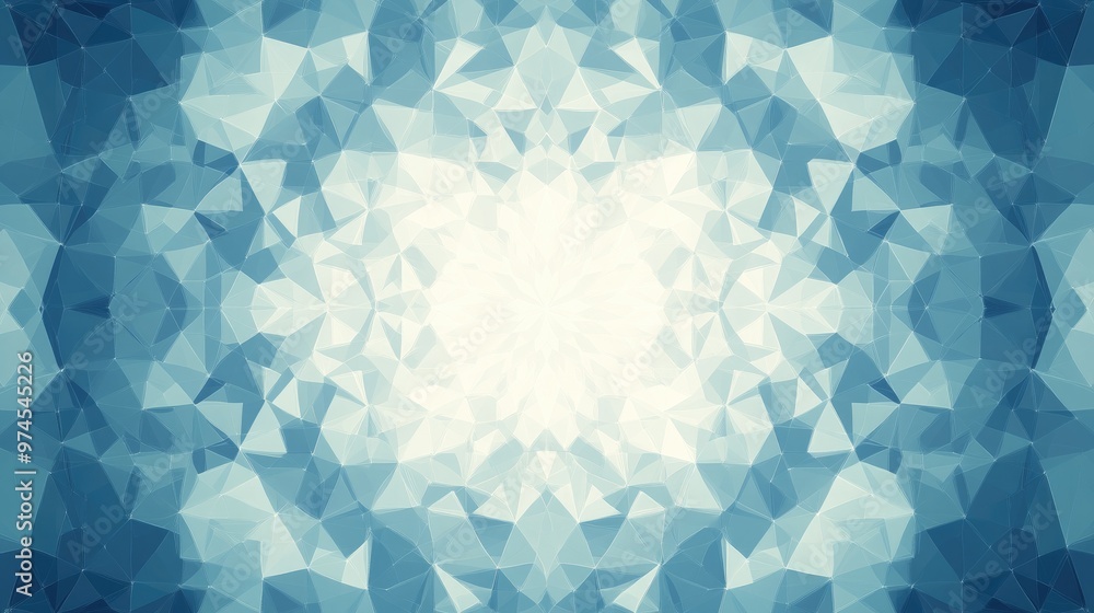 Poster symmetrical geometric pattern formed by a cluster of triangular shapes in a soothing blue gradient