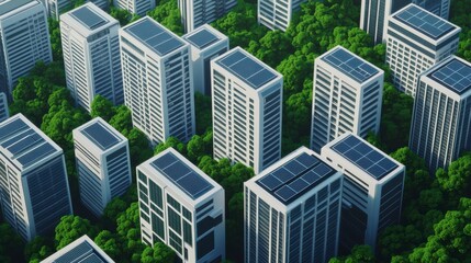 Aerial view of modern skyscrapers integrated with nature featuring green spaces and solar panels for sustainable living.