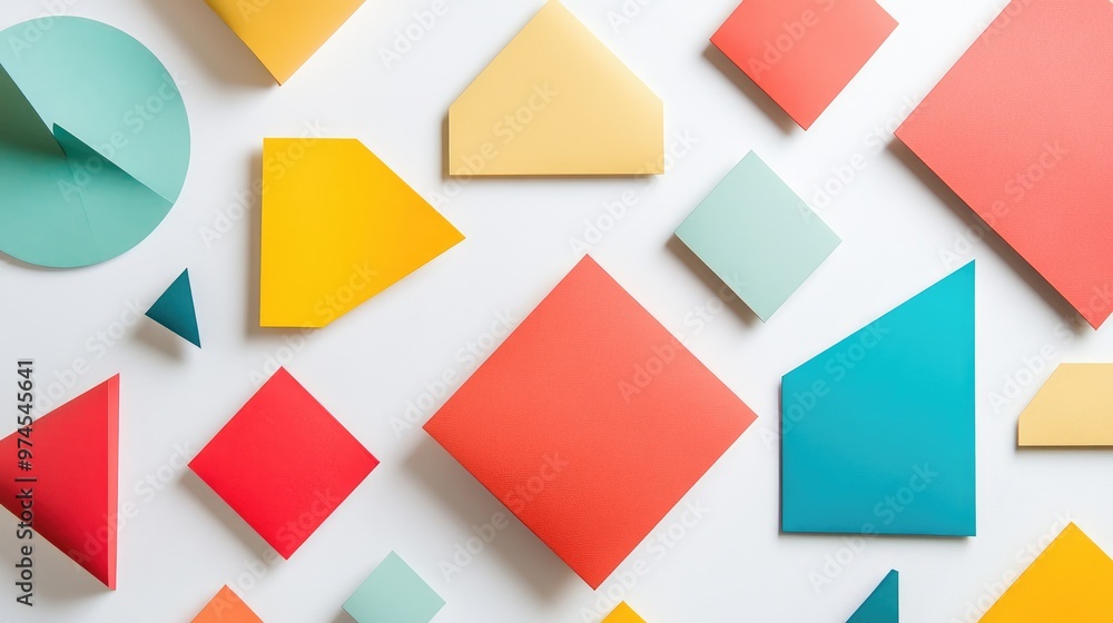 Aufkleber top view of geometric shapes made of colored paper, arranged in a random but balanced composition on