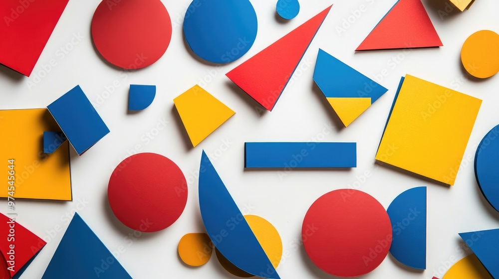Poster top view of geometric shapes made of colored paper, arranged in a random but balanced composition on
