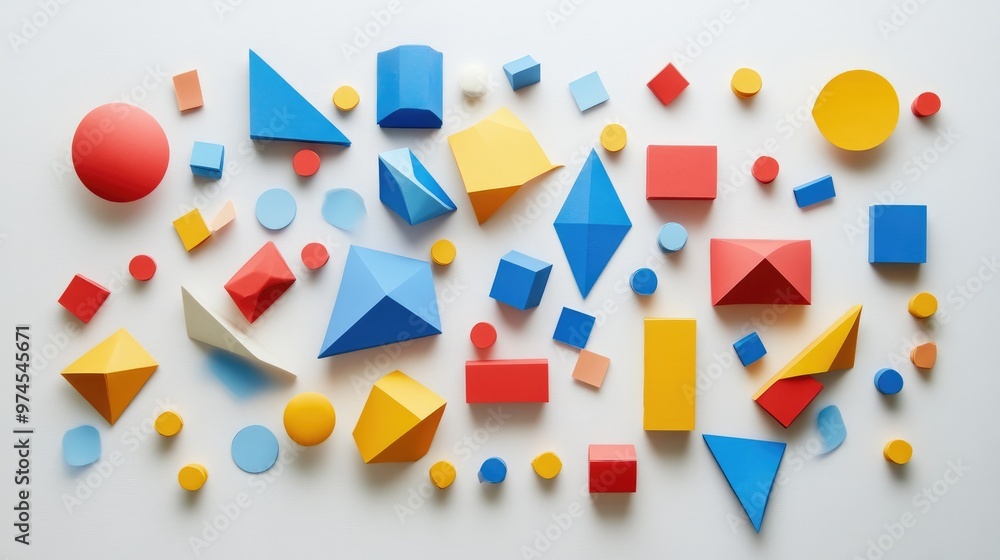 Poster top view of geometric shapes made of colored paper, arranged in a random but balanced composition on