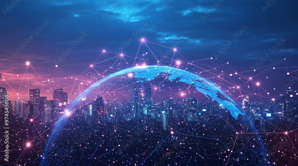 Poster global network of interconnected nodes links major cities across the world
