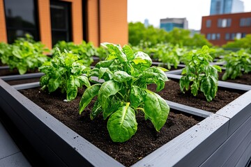 Fototapeta premium A row of raised garden beds on the rooftop of a building, showcasing thriving crops in an urban farm