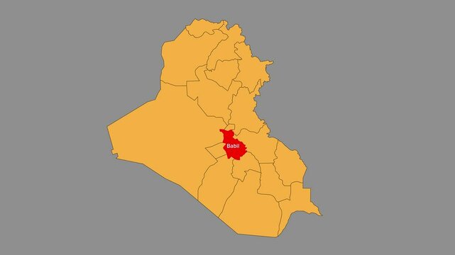 Babil map animated video. The location is highlighted on the Iraq map. Colour map with Gray background in video format.