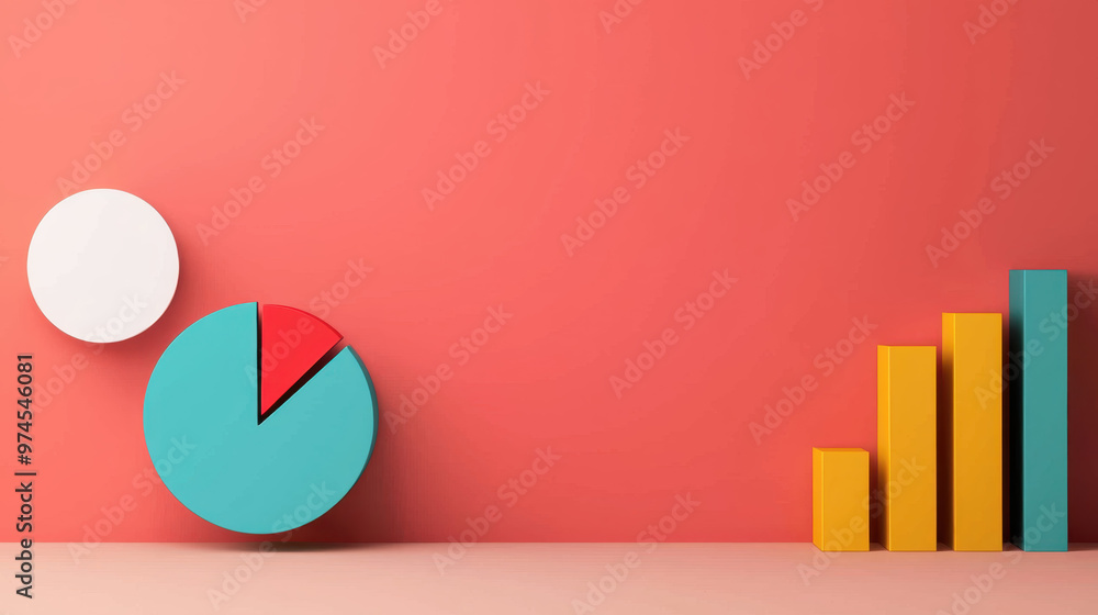 Poster a colorful background with a pie chart and a set of yellow and red bars