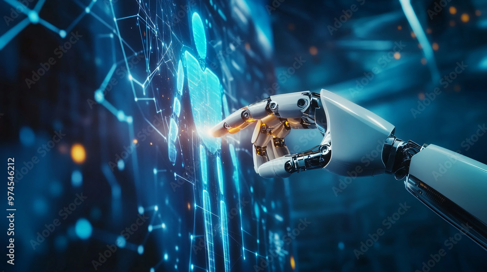 Poster futuristic digital hologram interface with robot hand touching human body shape, showcasing artifici