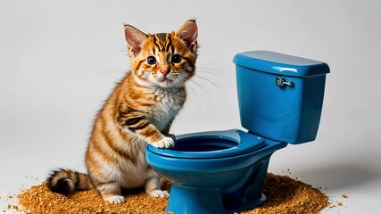 A playful cat interacts humorously with a toilet, showcasing its curious nature and lighthearted antics