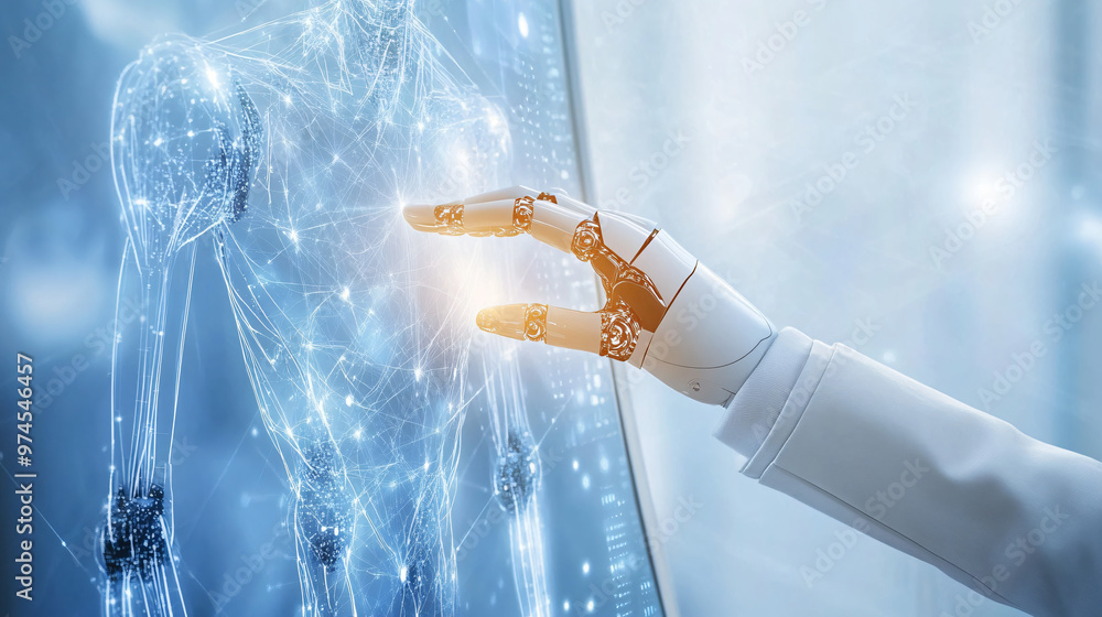 Aufkleber Robotic arm touching futuristic digital interface showing a network of connections forming a human body