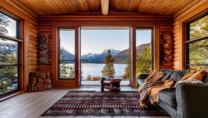 Fototapeta premium Interior of a wooden cabin by the lake