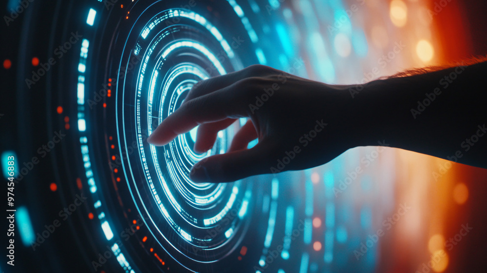 Poster hand is touching a futuristic blue digital interface with a blurred orange background
