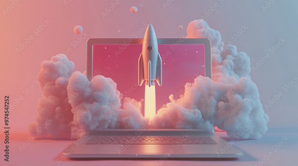 Poster 3d rendering of a spaceship launching from a laptop screen amid clouds against a pink and blue backdrop