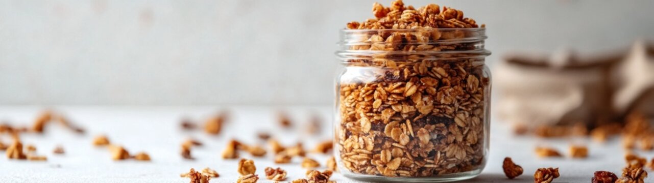 Homemade Granola Delight, a full-body portrait showcasing a jar filled with delicious homemade granola, set against a clean white background, emphasizing its wholesome ingredients.