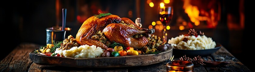 Naklejka premium A beautifully roasted turkey served with vegetables and mashed potatoes, creating a cozy, festive dining atmosphere.