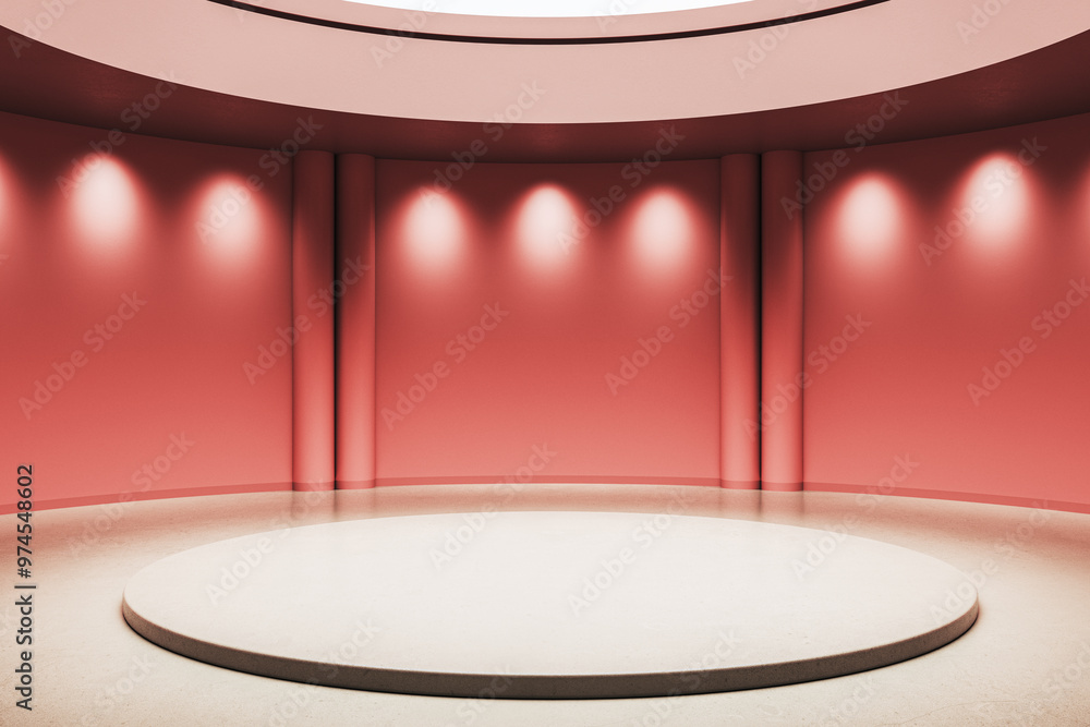 Poster modern stage with round podium in pink room with spotlights. 3d rendering