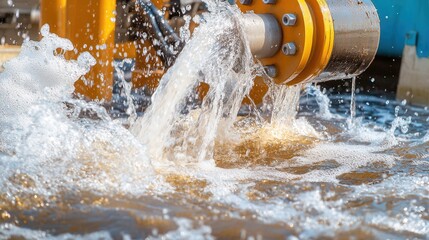 Close-up of water splashing from a pipe, showcasing motion and fluid dynamics in an industrial setting.