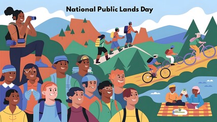 Illustration of National Public Lands Day with a diverse group of people from different backgrounds and ages
