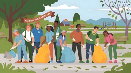 Illustration of National Public Lands Day with a diverse group of people from different backgrounds and ages