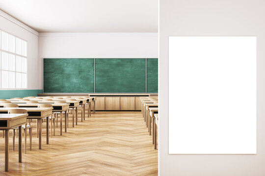 Modern classroom interior with green chalkboard and blank poster on wall. 3D Rendering