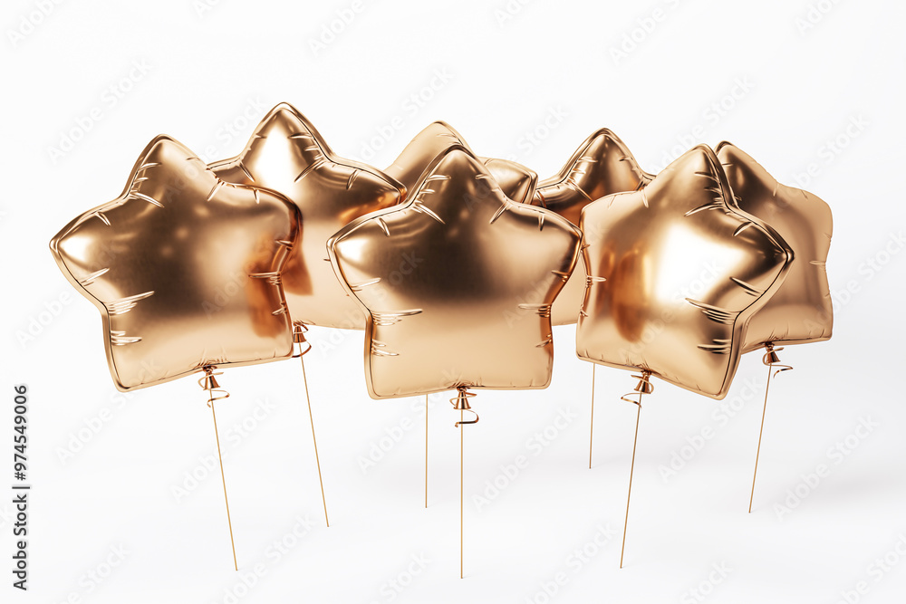 Poster metallic star-shaped balloons on white background. 3d rendering