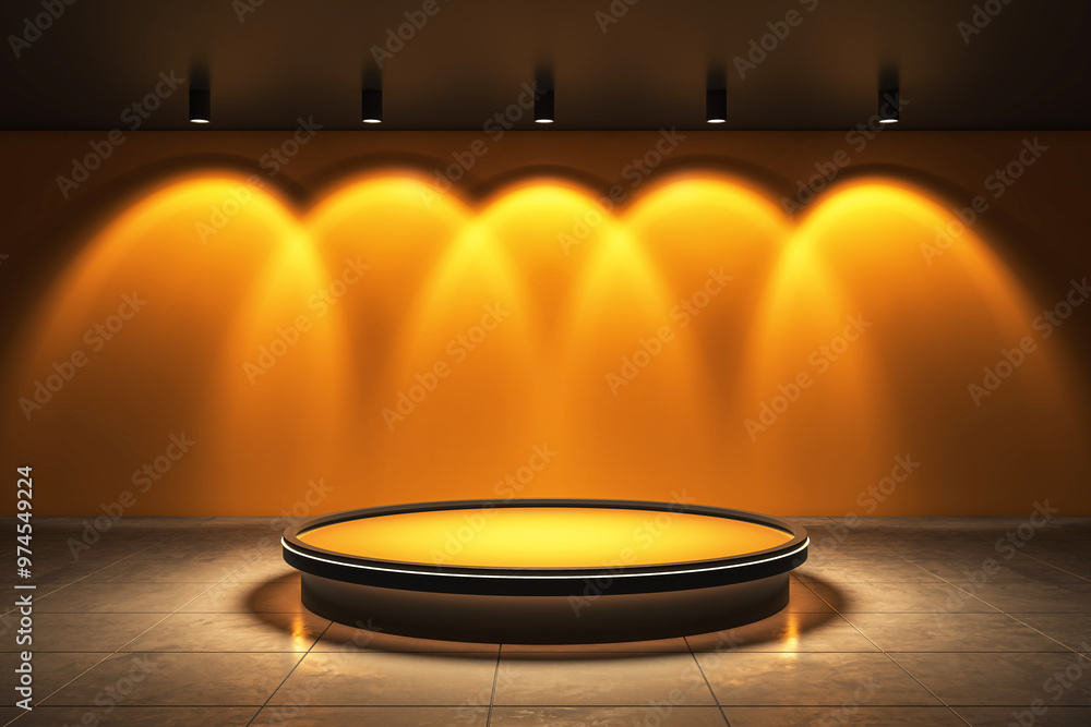 Poster illuminated round podium in modern interior design. 3d rendering