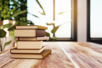 Stack of hardcover books on a wooden table indoors. 3D Rendering