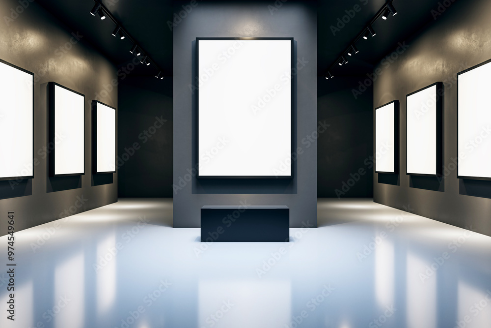 Poster Modern art gallery interior with blank frames on dark walls illuminated by spotlights. 3D Rendering